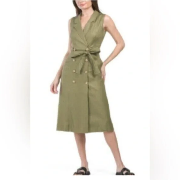 Elie Tahari Green Linen Double Breasted Shirt Dress 4 - Picture 1 of 7